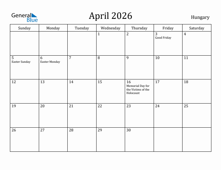 April 2026 Calendar Hungary