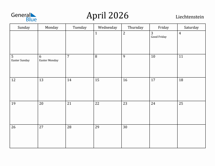 April 2026 Calendar Liechtenstein