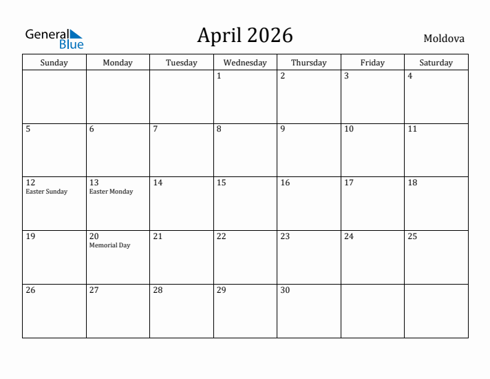 April 2026 Calendar Moldova