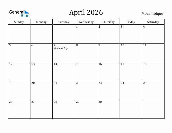 April 2026 Calendar Mozambique