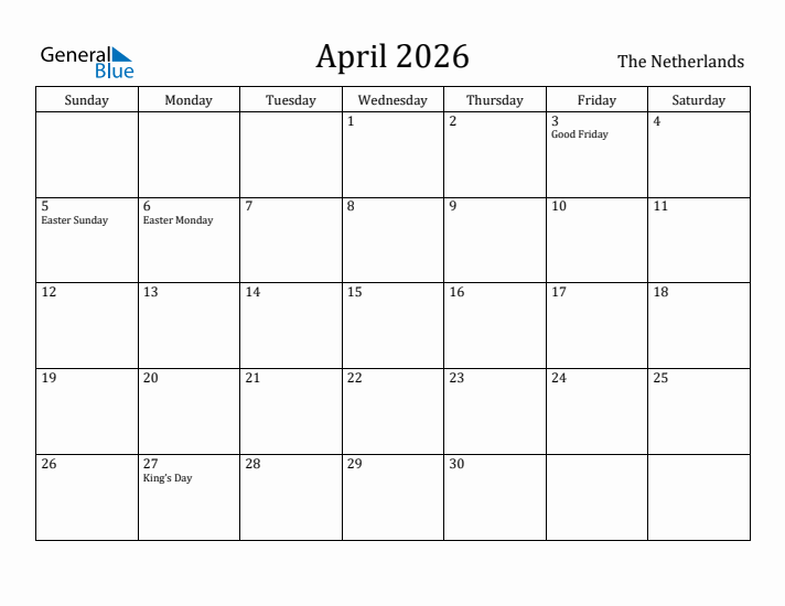 April 2026 Calendar The Netherlands