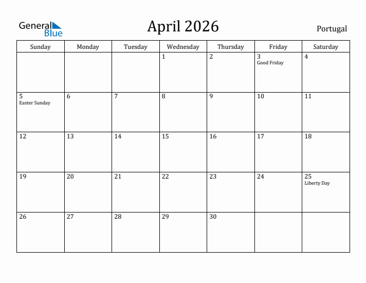 April 2026 Calendar Portugal