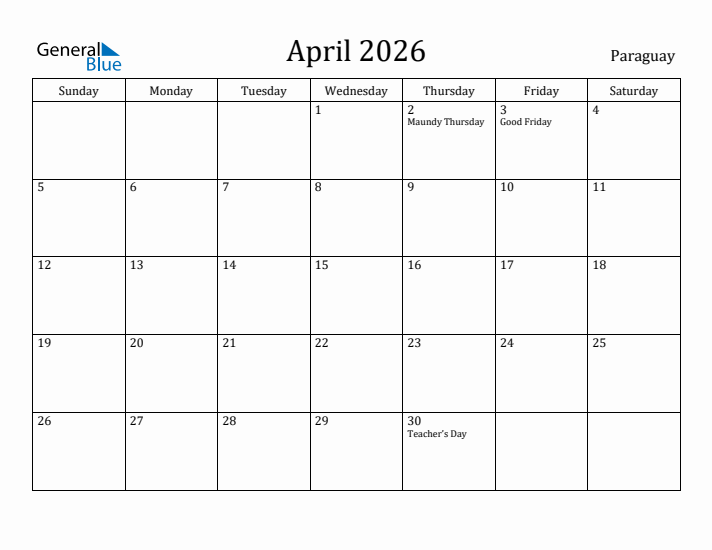 April 2026 Calendar Paraguay