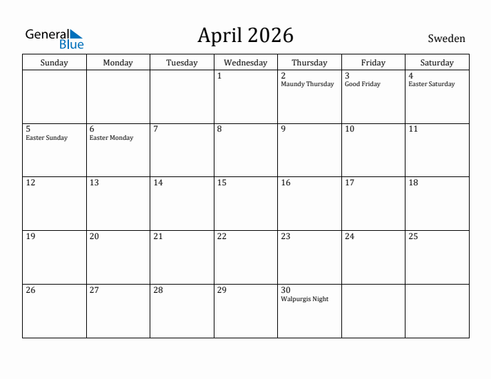 April 2026 Calendar Sweden