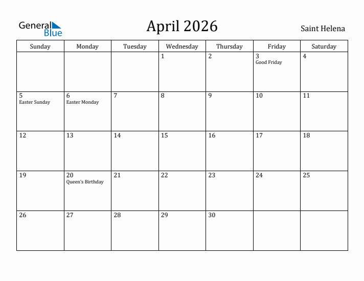 April 2026 Calendar Saint Helena