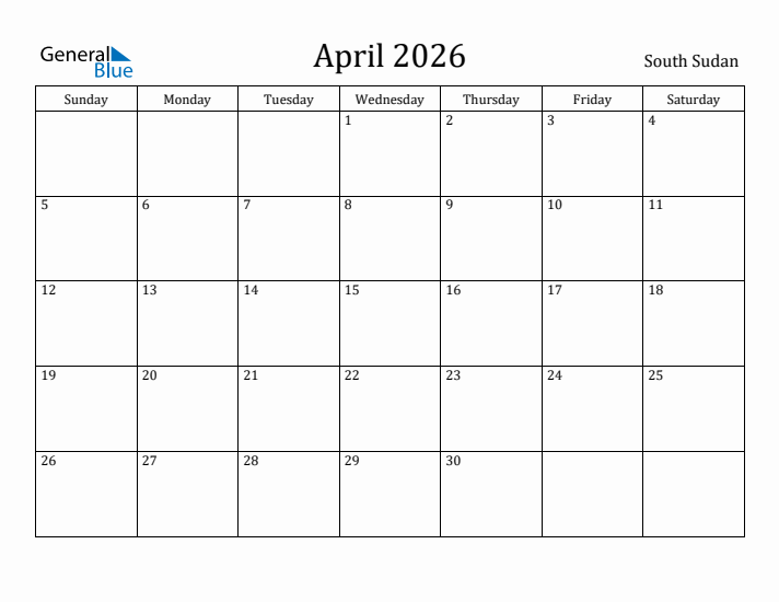 April 2026 Calendar South Sudan