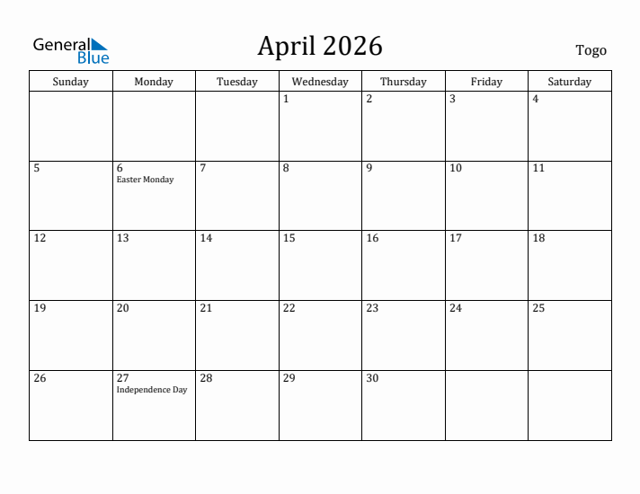 April 2026 Calendar Togo