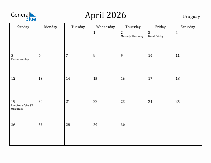 April 2026 Calendar Uruguay