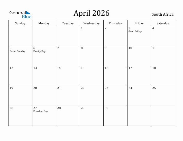 April 2026 Calendar South Africa