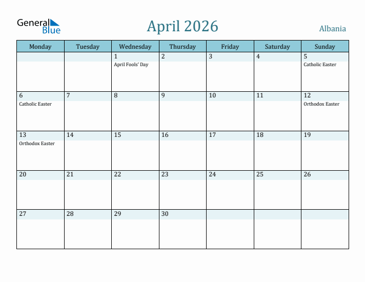 April 2026 Calendar with Holidays