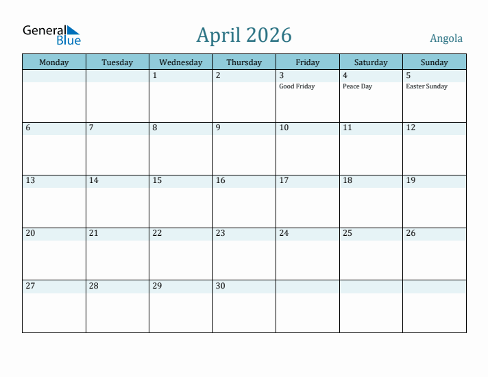 April 2026 Calendar with Holidays