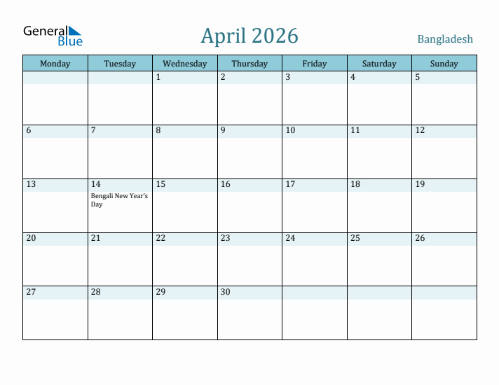 April 2026 Calendar with Holidays