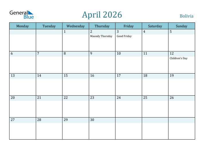 April 2026 Calendar with Holidays