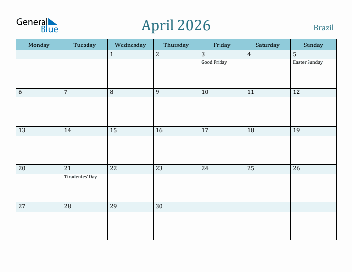 April 2026 Calendar with Holidays