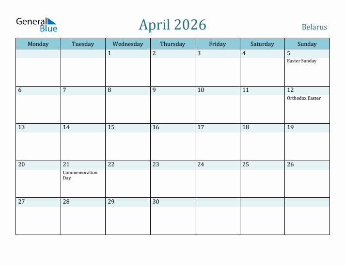 April 2026 Calendar with Holidays