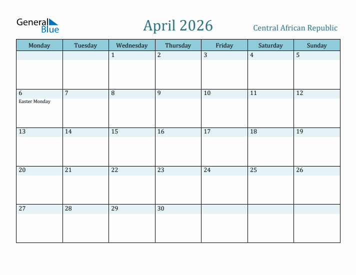 April 2026 Calendar with Holidays