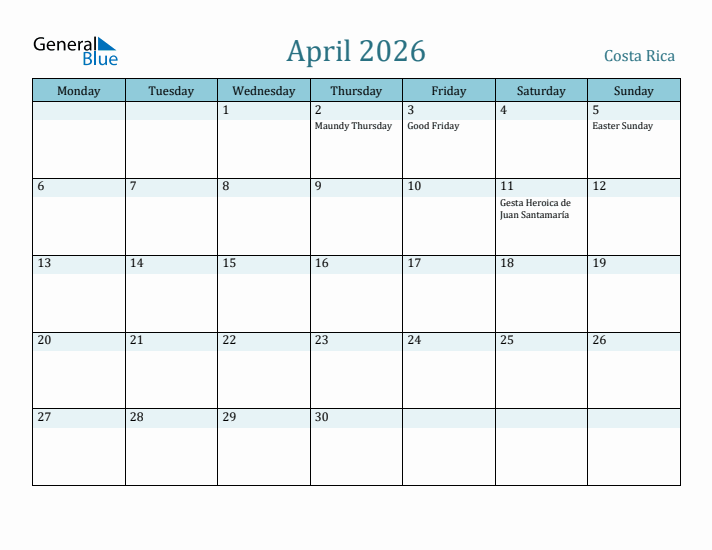 April 2026 Calendar with Holidays