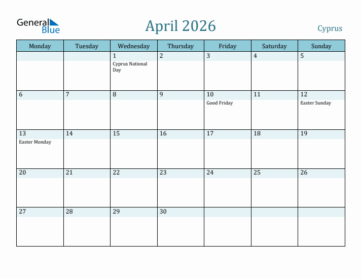 April 2026 Calendar with Holidays