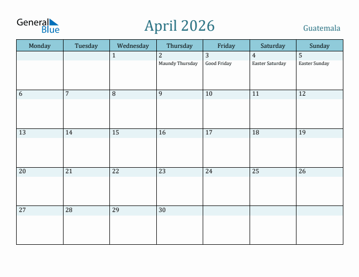 April 2026 Calendar with Holidays