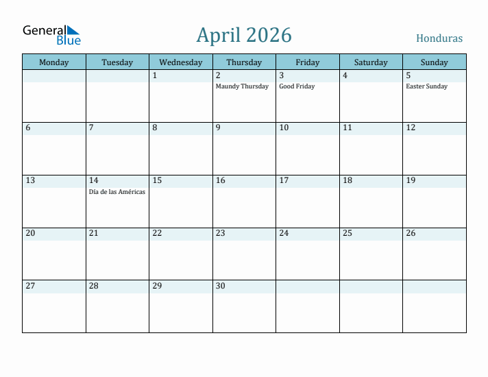 April 2026 Calendar with Holidays