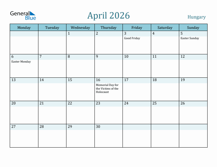 April 2026 Calendar with Holidays