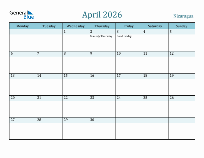 April 2026 Calendar with Holidays