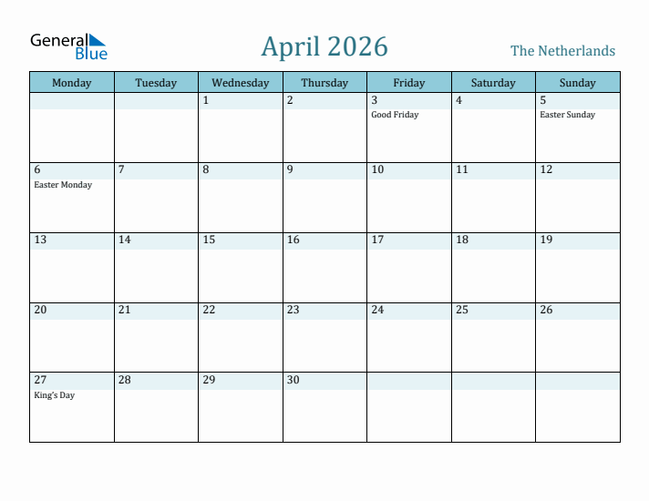 April 2026 Calendar with Holidays