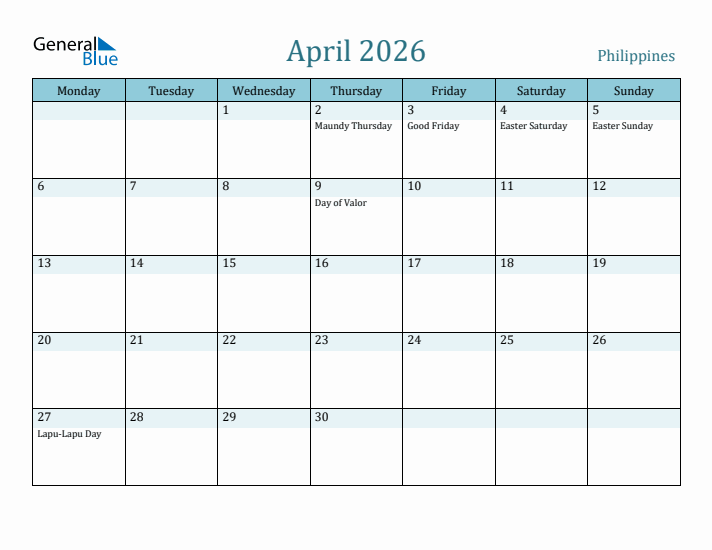 April 2026 Calendar with Holidays