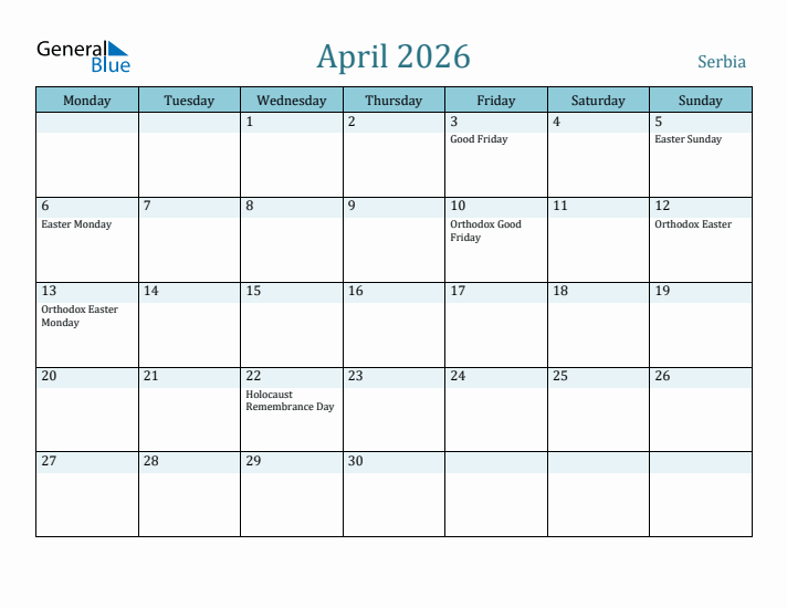 April 2026 Calendar with Holidays