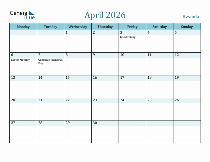 April 2026 Calendar with Holidays