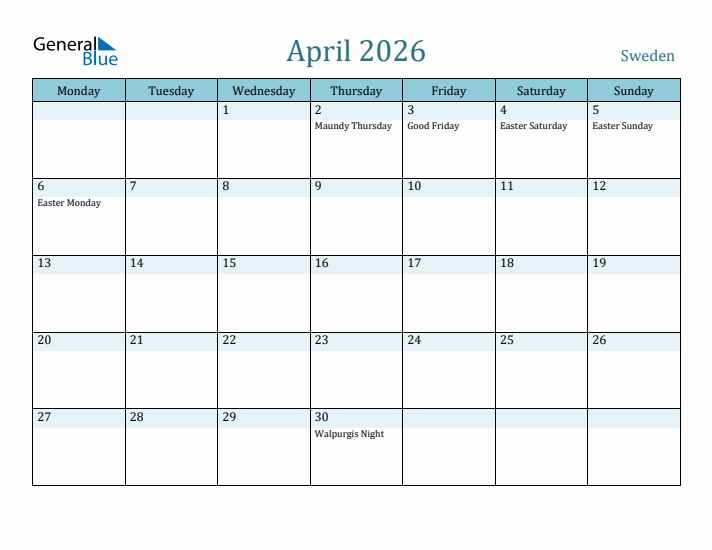 April 2026 Calendar with Holidays