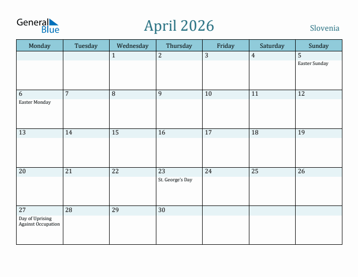 April 2026 Calendar with Holidays