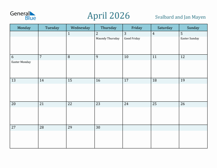 April 2026 Calendar with Holidays