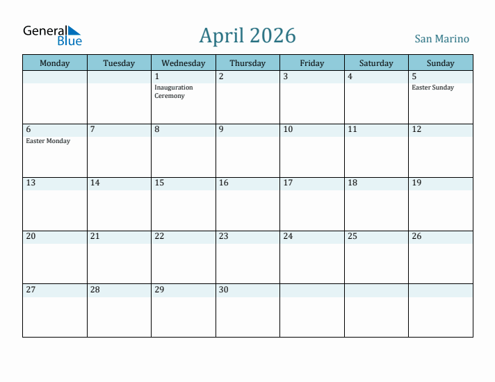 April 2026 Calendar with Holidays