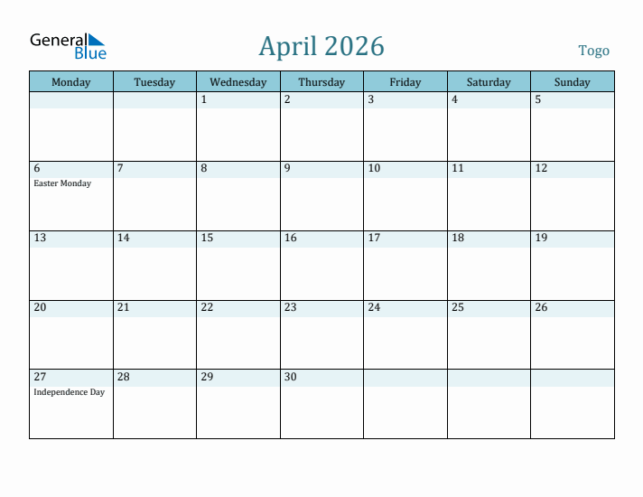 April 2026 Calendar with Holidays