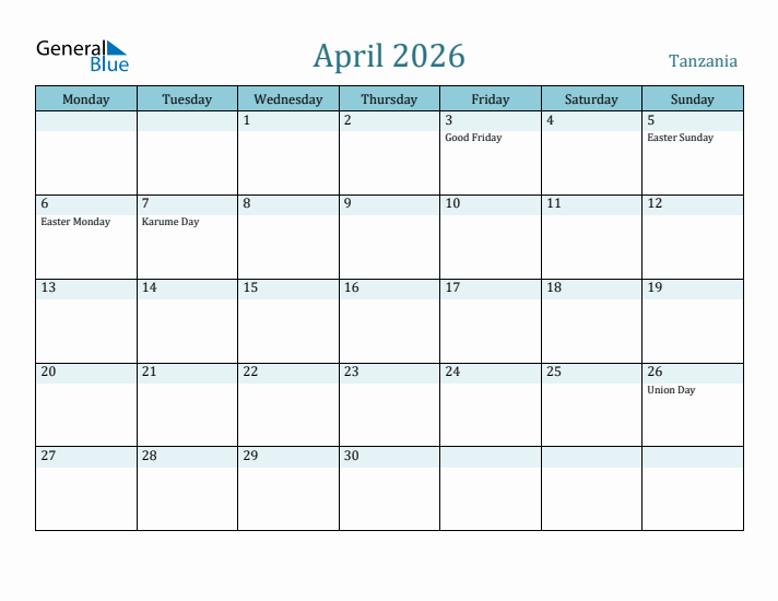 April 2026 Calendar with Holidays