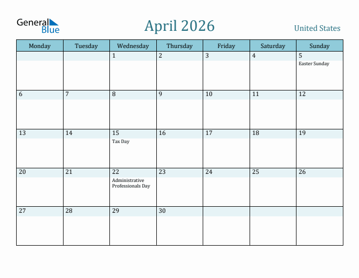 April 2026 Calendar with Holidays