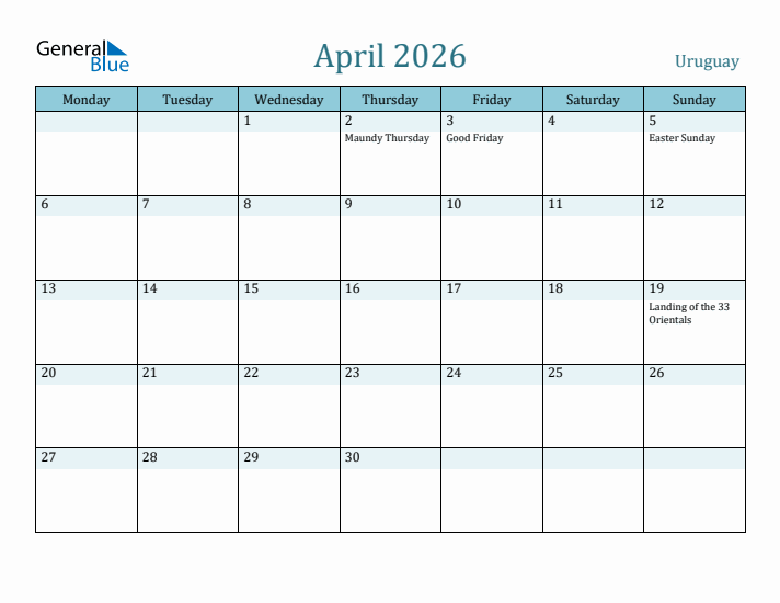 April 2026 Calendar with Holidays