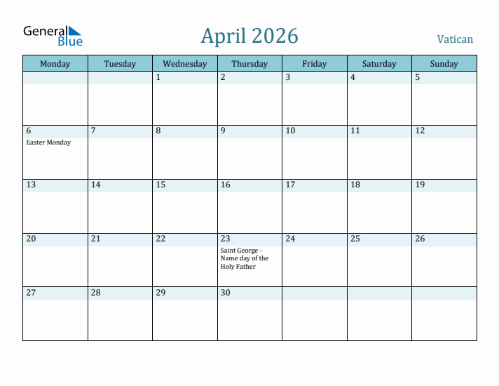 April 2026 Calendar with Holidays