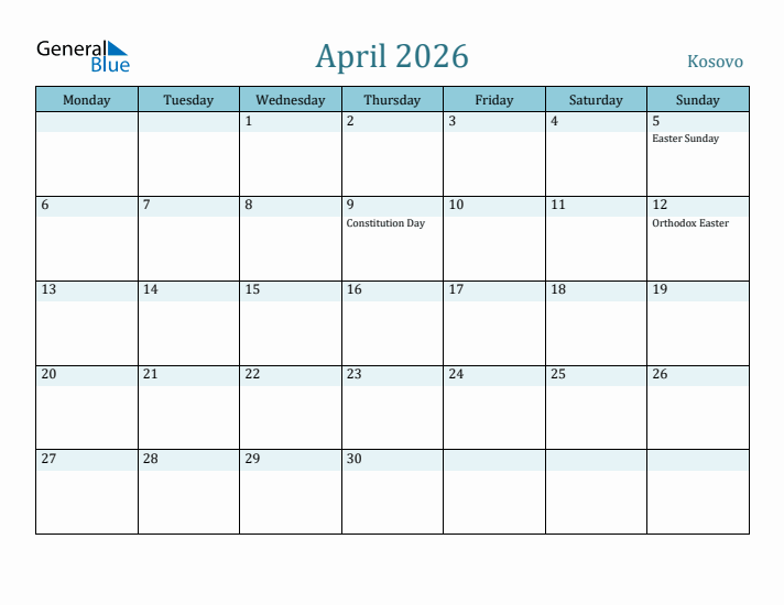 April 2026 Calendar with Holidays