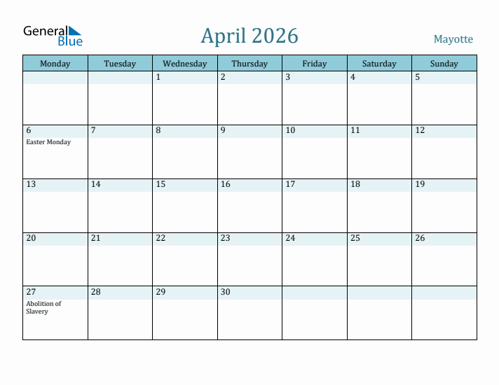 April 2026 Calendar with Holidays