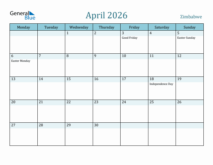 April 2026 Calendar with Holidays