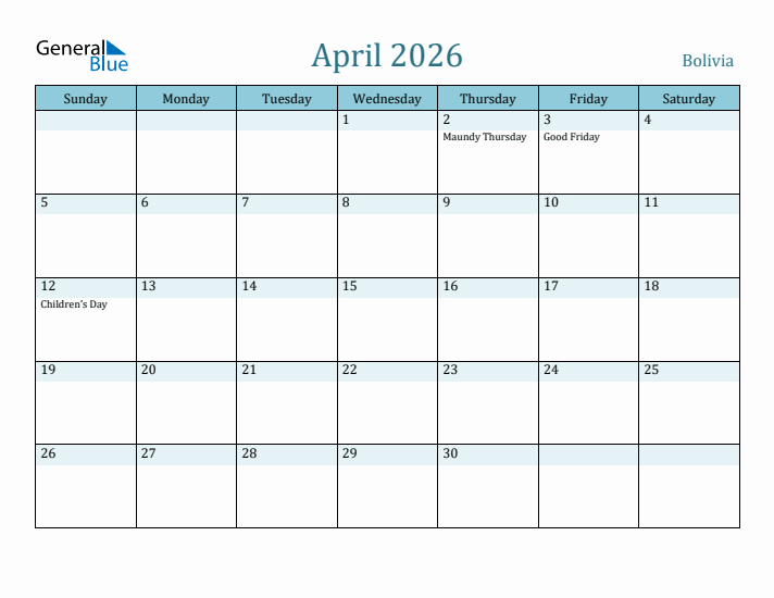 April 2026 Calendar with Holidays