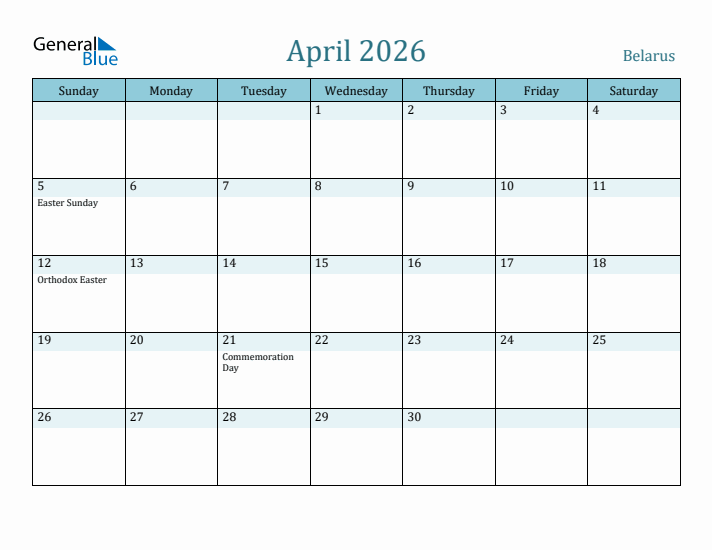 April 2026 Calendar with Holidays