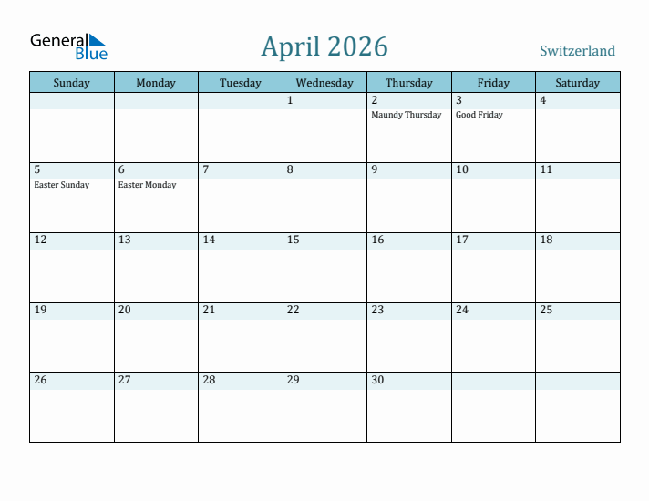 April 2026 Calendar with Holidays