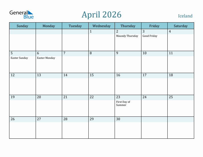 April 2026 Calendar with Holidays