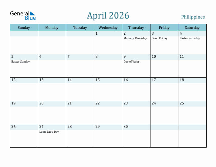 April 2026 Calendar with Holidays