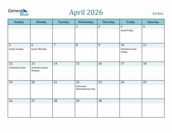 April 2026 Calendar with Holidays