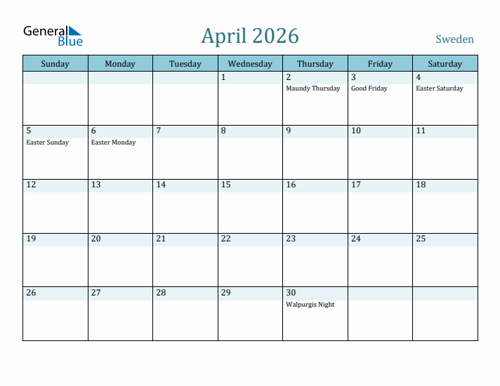 April 2026 Calendar with Holidays