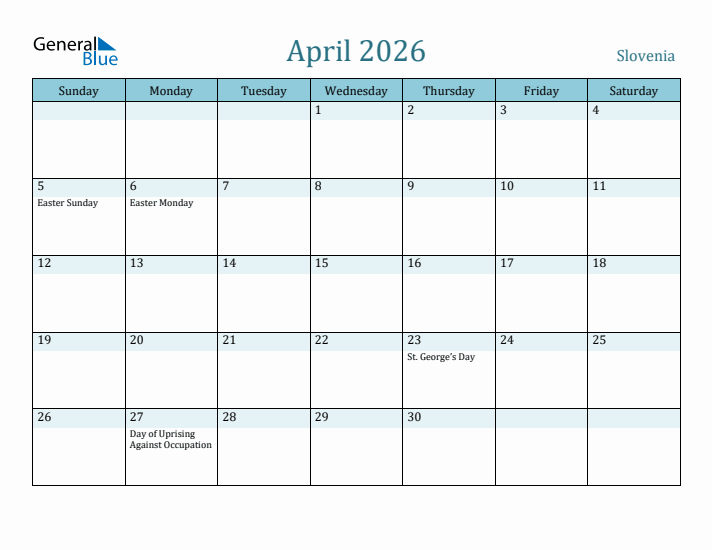 April 2026 Calendar with Holidays